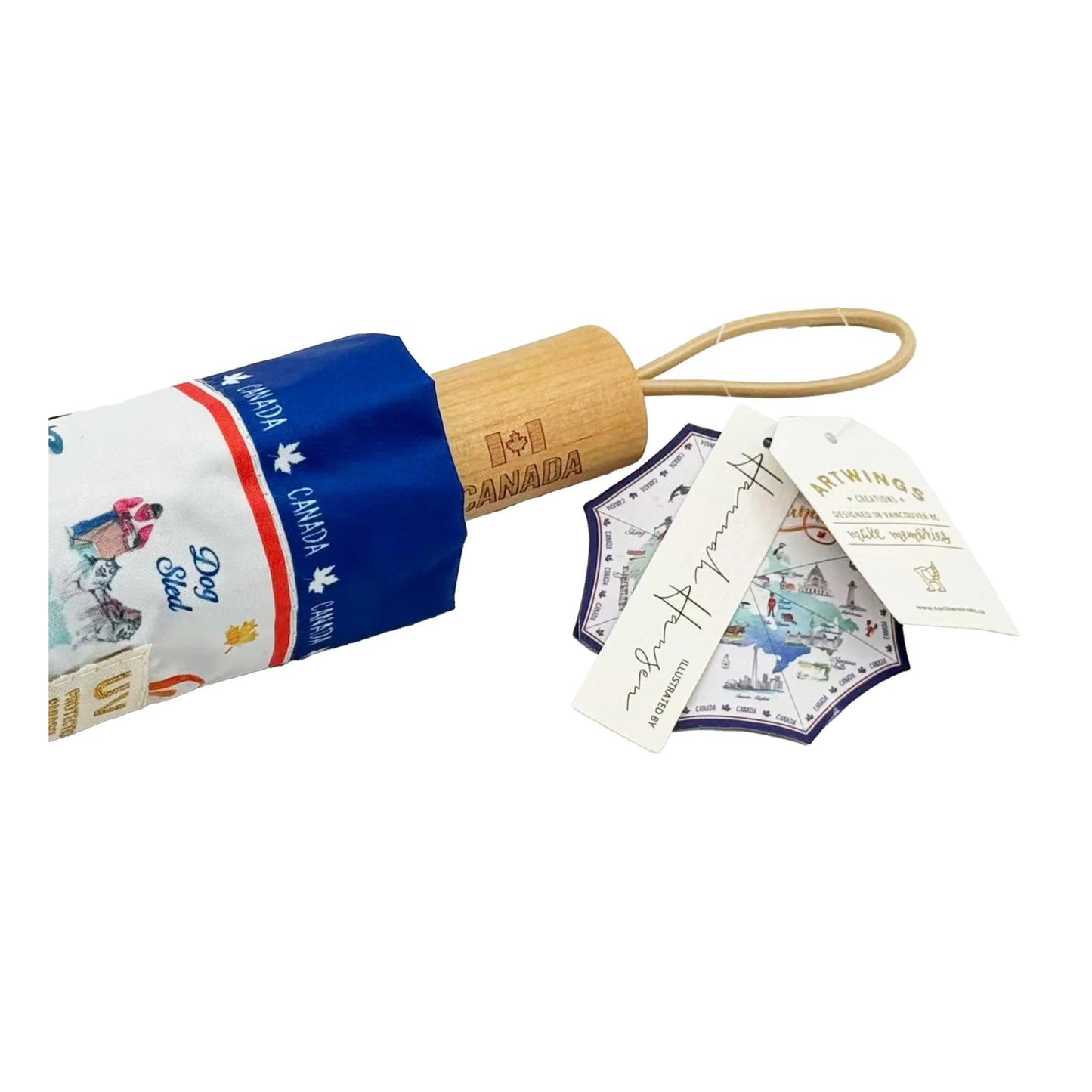 Northern Icons Canada National Landmark Map Folding Umbrella - close up of wooden handle.