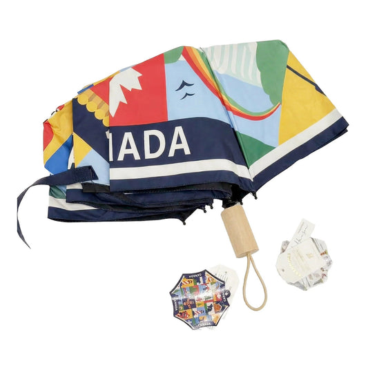 Product Image – Northern Icons Canada Heritage Icon Collage Folding Umbrella - closed view.