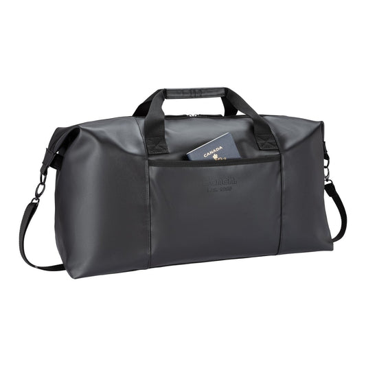 Product Image – The Bench Jayce East West Weekender is a black bag with RFID, passport pocket, and detachable strap.