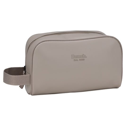 Product Image – Bench Jayce Toiletry Bag: taupe faux leather, zip closure, side handle, "Bench. Est. 1989" embossed front.