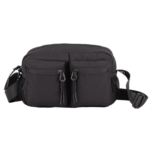 Product Image – Bench Nylon Crossbody: A compact nylon bag with two zip pockets, mesh sides, and adjustable strap—ideal for daily use.