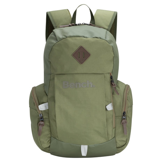 Product Image – Bench Terra Backpack by Bench in khaki green with front zip pocket, side pockets, and adjustable straps.