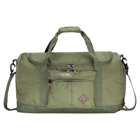 Product Image – Bench Terra Sports Bag in khaki green with shoulder strap, top handles, front zip pocket, and Bench logo.