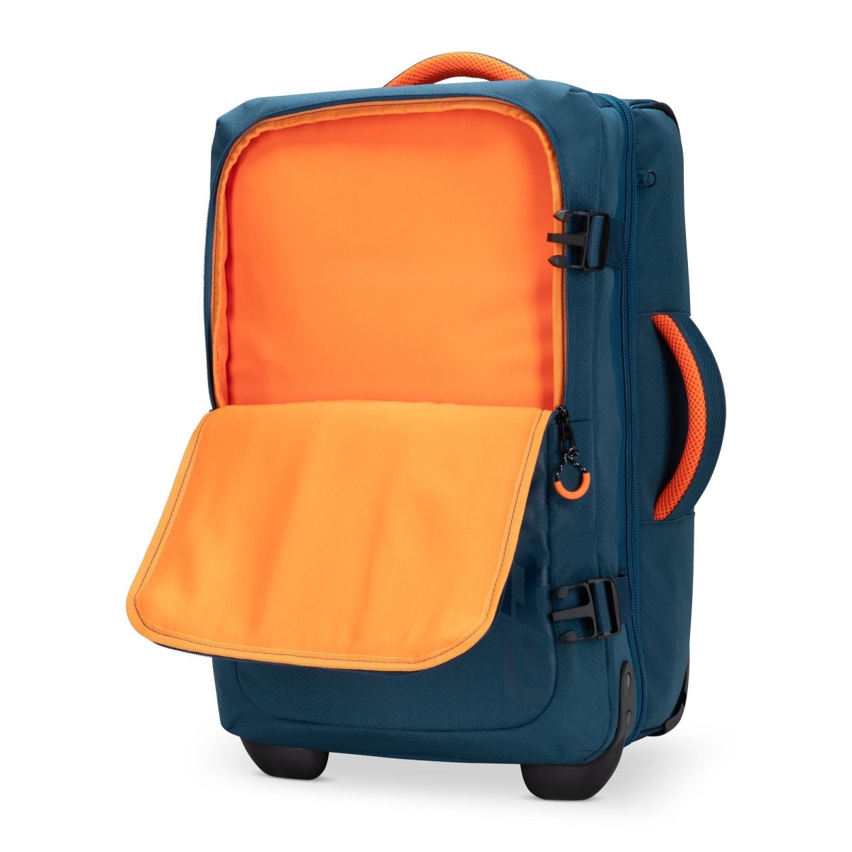 Graphite Metamorph 21" Carry-on Wheeled Duffle, teal with orange interior, front pocket unzipped.