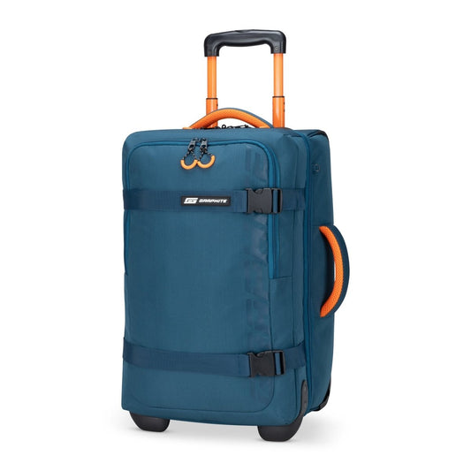 Product Image – Graphite Metamorph 21" Carry-on Wheeled Duffle, teal with orange accents, front angled view.