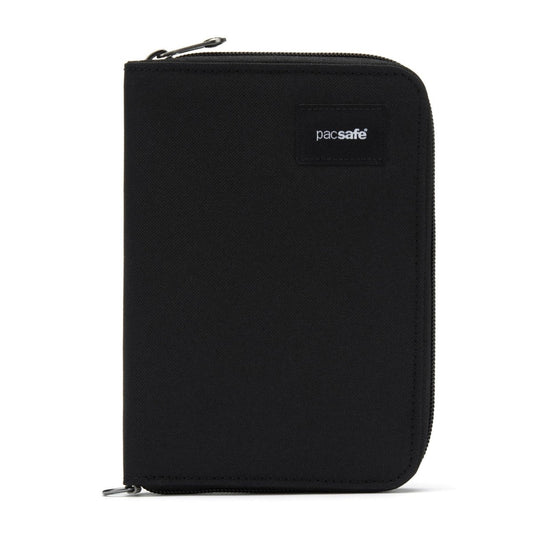 Product Image – Black Pacsafe® travel wallet with RFID-blocking, made from recycled polyester.