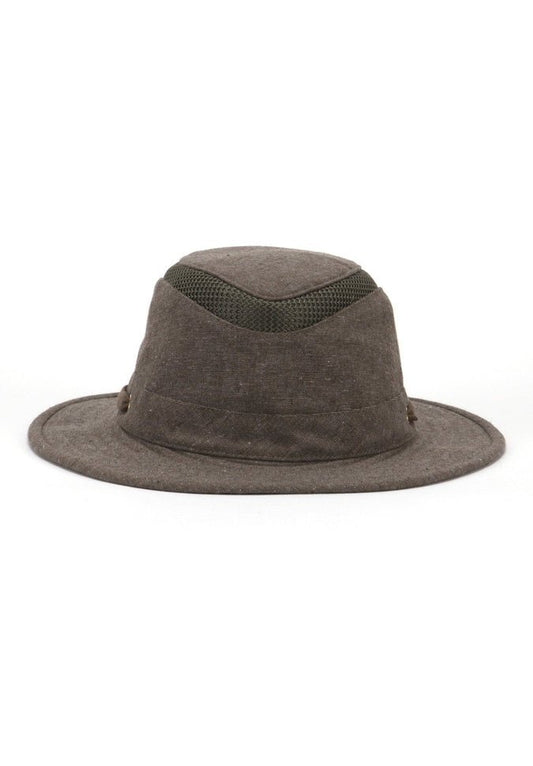 Product Image – The Tilley TMH55 Mash-Up Airflo® - Clearance is a brown wide-brimmed hat from Tilley, featuring a green ventilation mesh band around the crown. It offers sun-protective fabric with UPF 50+ for your outdoor adventures.