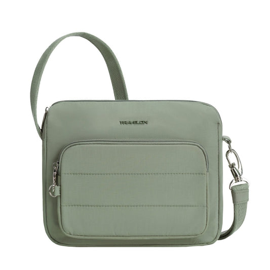 Product Image – Travelon Roam Anti-theft East/West Crossbody is a moss green bag with front zip pocket and adjustable strap.