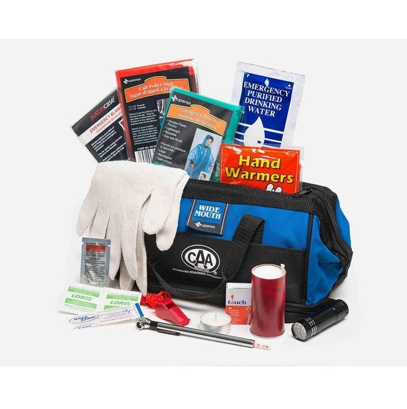 Image showing black and blue kit bag with a variety of safety-related items.