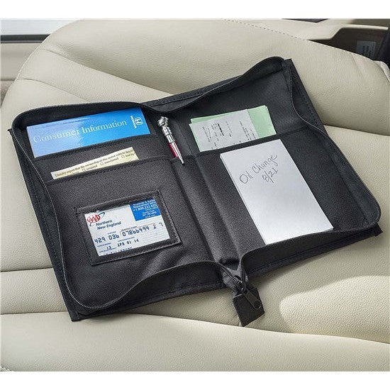 Image showing product in black open on a car seat with various pieces of id and notes.