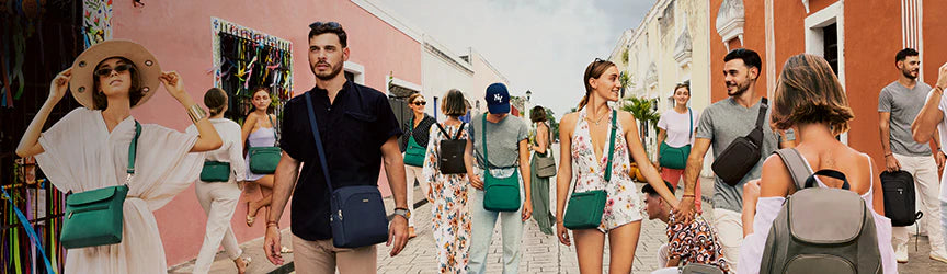 Men and women carrying Travelon bags on street