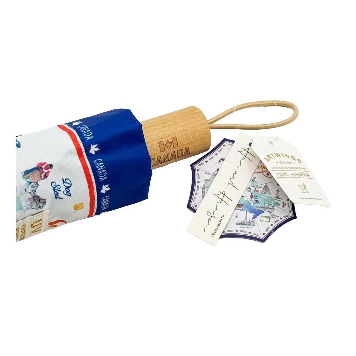 Northern Icons Canada National Landmark Map Folding Umbrella - close up of wooden handle.