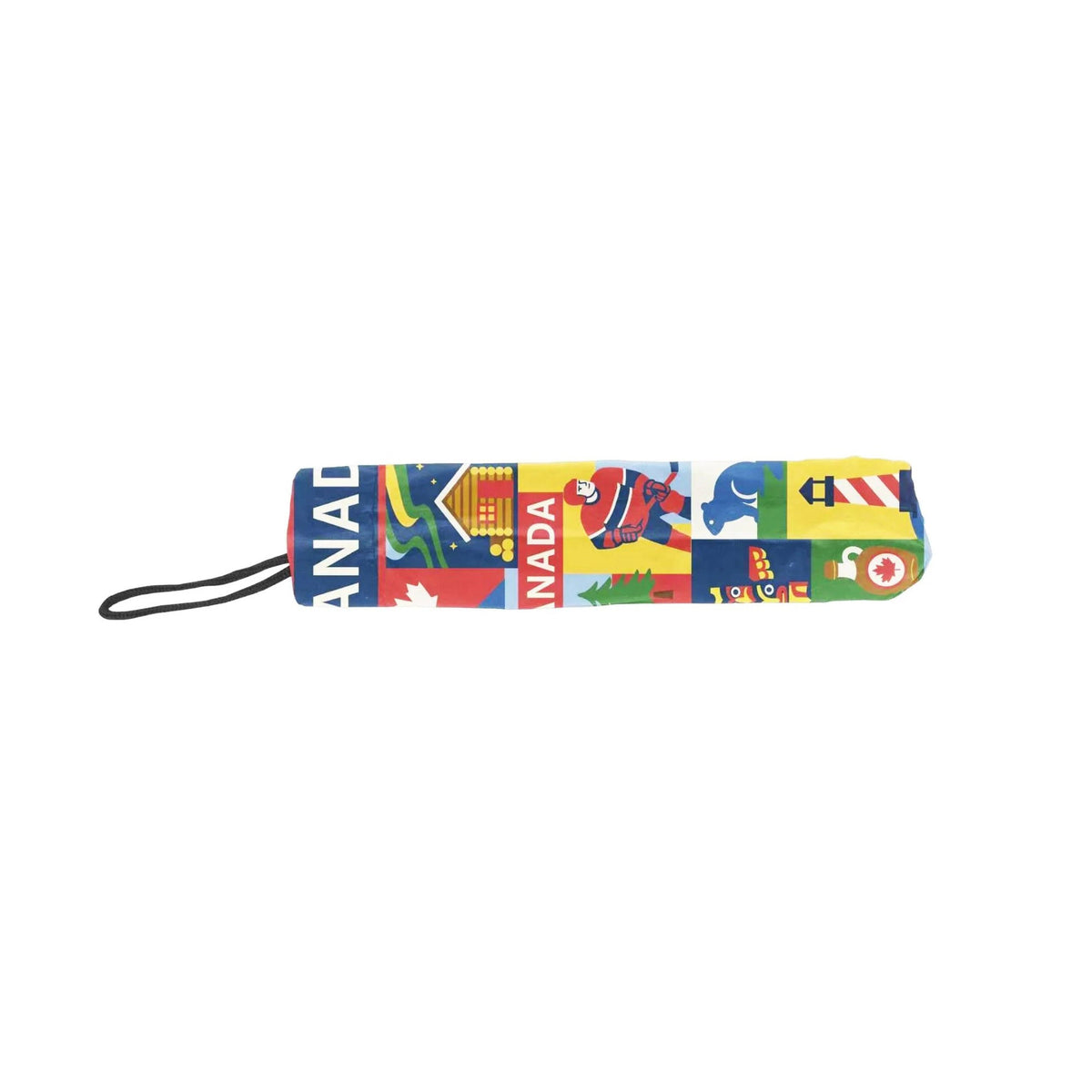 Northern Icons Canada Heritage Icon Collage Folding Umbrella - closed view in carry case.