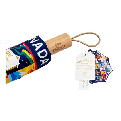 Northern Icons Canada Heritage Icon Collage Folding Umbrella - close up of wooden handle.
