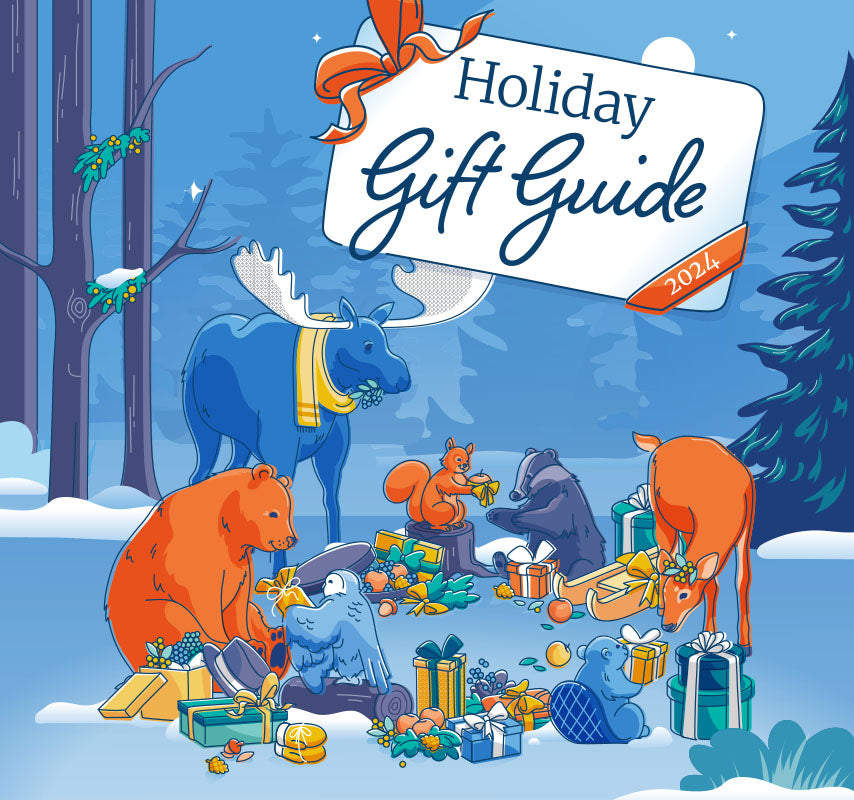 Holiday Gift Guide cover with animated animal sitting around gifts