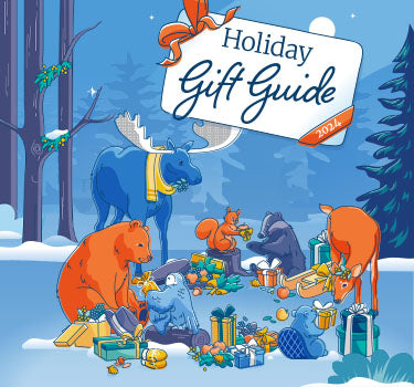 Holiday Gift Guide cover (mobile) with animated animal sitting around gifts