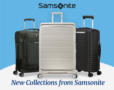 Gif of two hard shell and one soft shell samsonite luggage, New Collections from Samsonite. Quick-access front pocket, USB port on top, and Suspension wheels. 