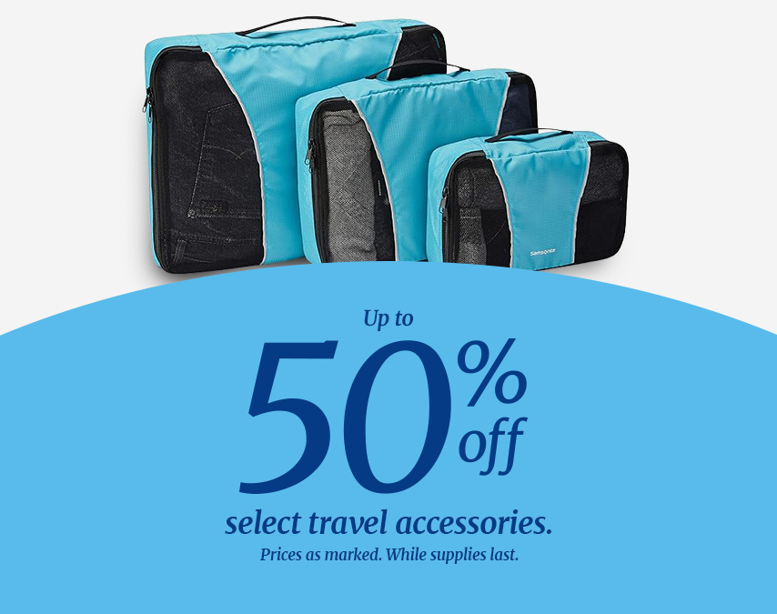 Three sizes of packing cubes. Up to 50% off select travel accessories. Prices as marked. While supplies last.