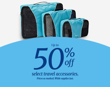 Three sizes of packing cubes. Up to 50% off select travel accessories. Prices as marked. While supplies last.