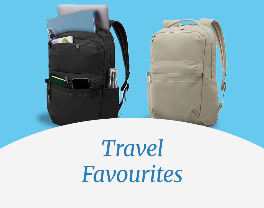 Two backpacks, beige and black - Travel Favourites.