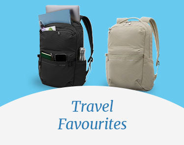 Two backpacks, beige and black - Travel Favourites.