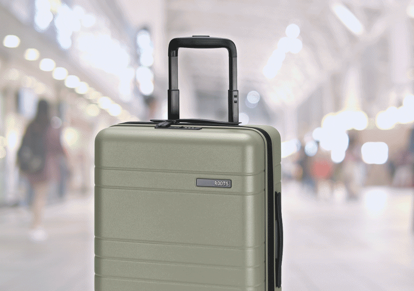 Gif of different luggage changing, soft shell black blue, soft shell grey and hard shell beige, with people busily walking around. 