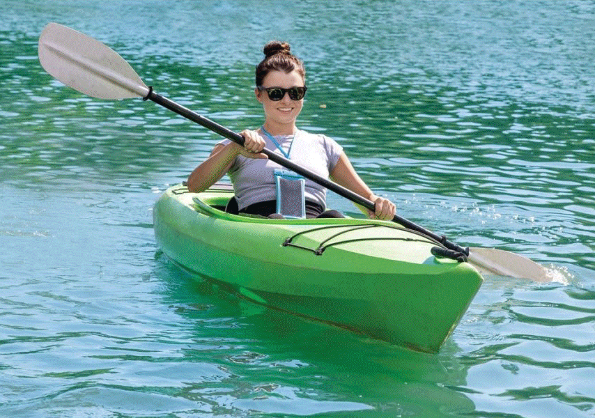 Gif of a woman kayaking and smiling, man sitting in a parked classic car turned sideways enjoying the view of nature, and a mother and a son walking towards to a boat.