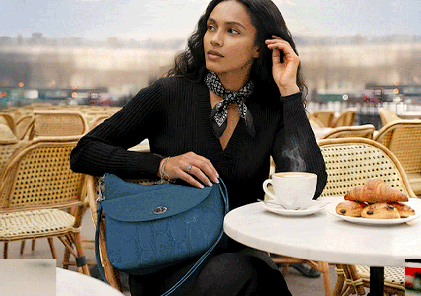 Gif of individuals traveling, woman sitting n a cafe with turquoise purse, man walking down by a river with black backpack, and a man traveling with fanny-pack.