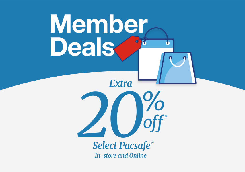 Member Deals Extra 20% off* Select Pacsafe ® In-store and Online. shopping bags icons and blue, white background.