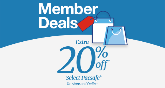 Member Deals Extra 20% off* Select Pacsafe ® In-store and Online. shopping bags icons and blue, white background.