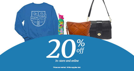 Animation of Manitoba made blue sweater, colorful water bottle, brown purse, black purse. 2-% off in-store and online. Prices as marked. While supplies last.