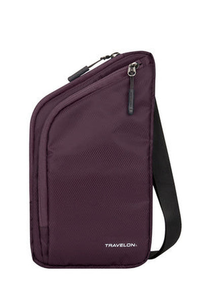 Introducing the Travelon World Travel Essentials Slim Crossbody Bag in Blackberry: a must-have for world travelers. It features RFID protection, a zipper closure, a black strap, and distinctive Travelon branding on the front.