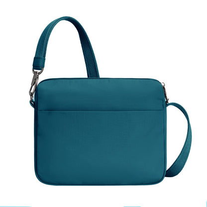 Back view of Travelon Roam Anti-theft Crossbody: capri blue, zippered top, front pocket, adjustable strap, lightweight nylon.