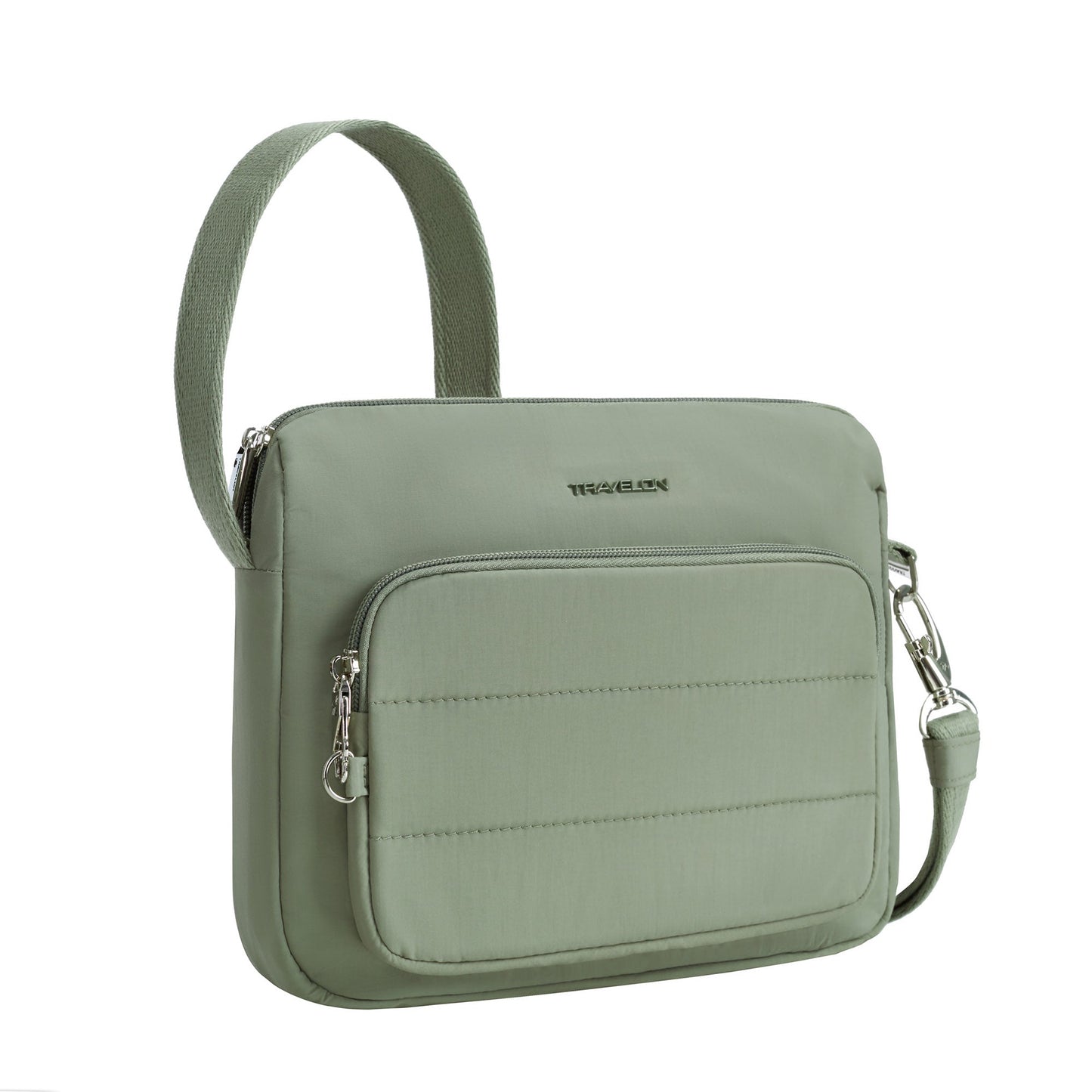 Travelon Roam moss green crossbody with a front zip pocket, silver hardware, and lightweight nylon design.