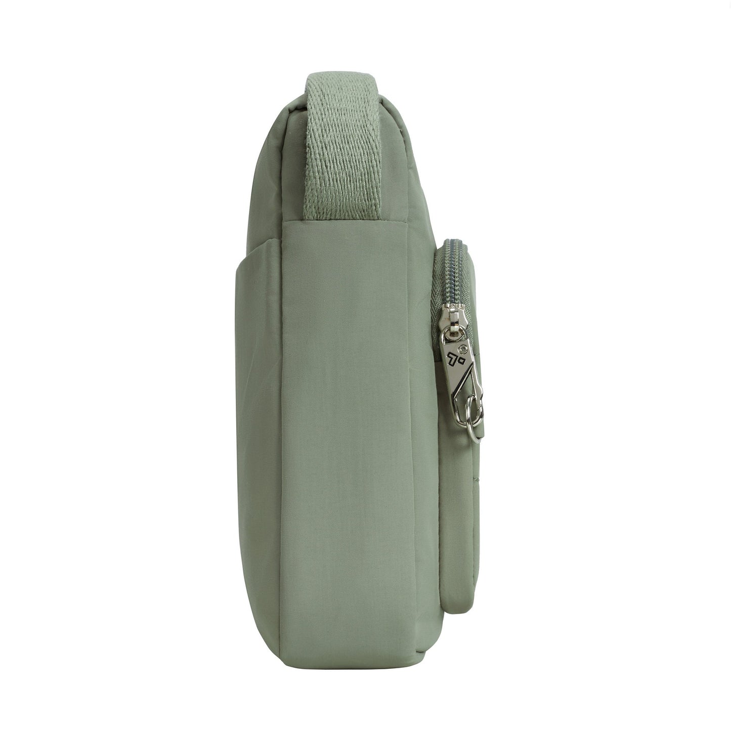 Travelon Roam Anti-theft Crossbody: Lightweight moss green nylon with handle, side pocket, and anti-theft zipper detail.
