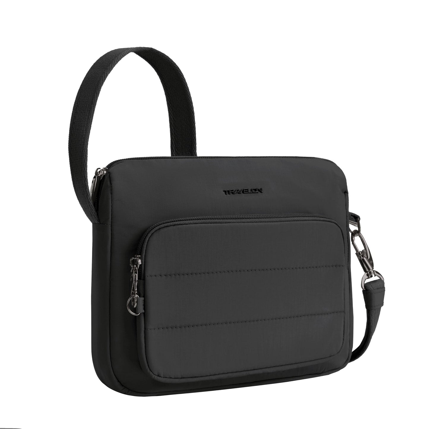 Travelon Roam Crossbody: nylon, front zip pocket, adjustable strap, anti-theft security.