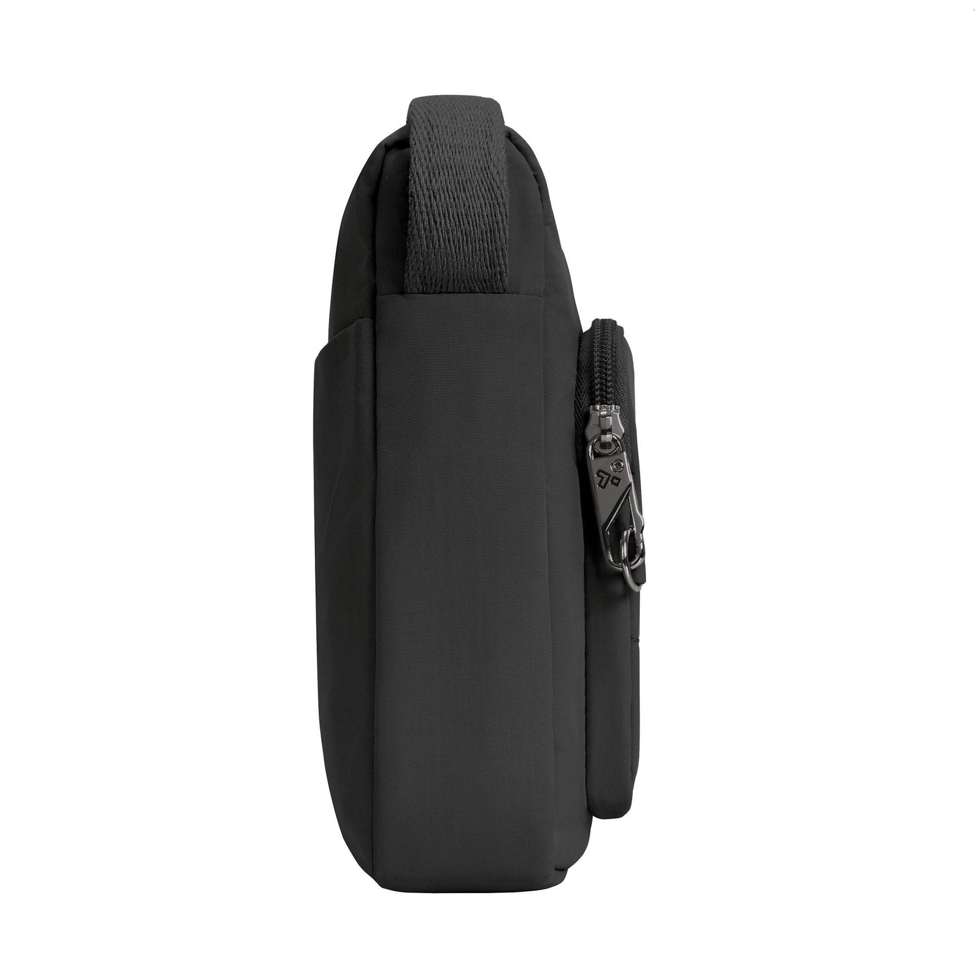 Side view of the black Travelon Roam Anti-theft Crossbody with zipper pocket and padded strap on a white background.