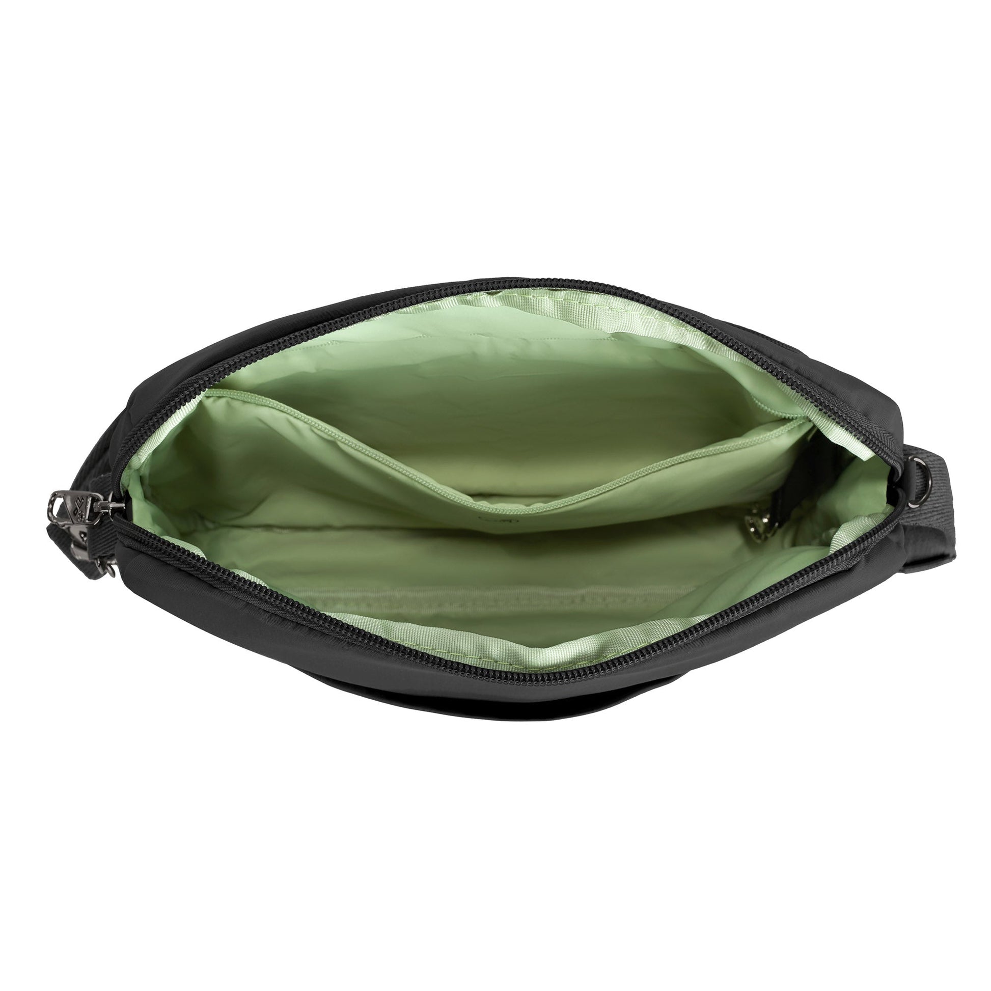 Travelon Roam Crossbody, black with green inside and a zippered pocket on one side.