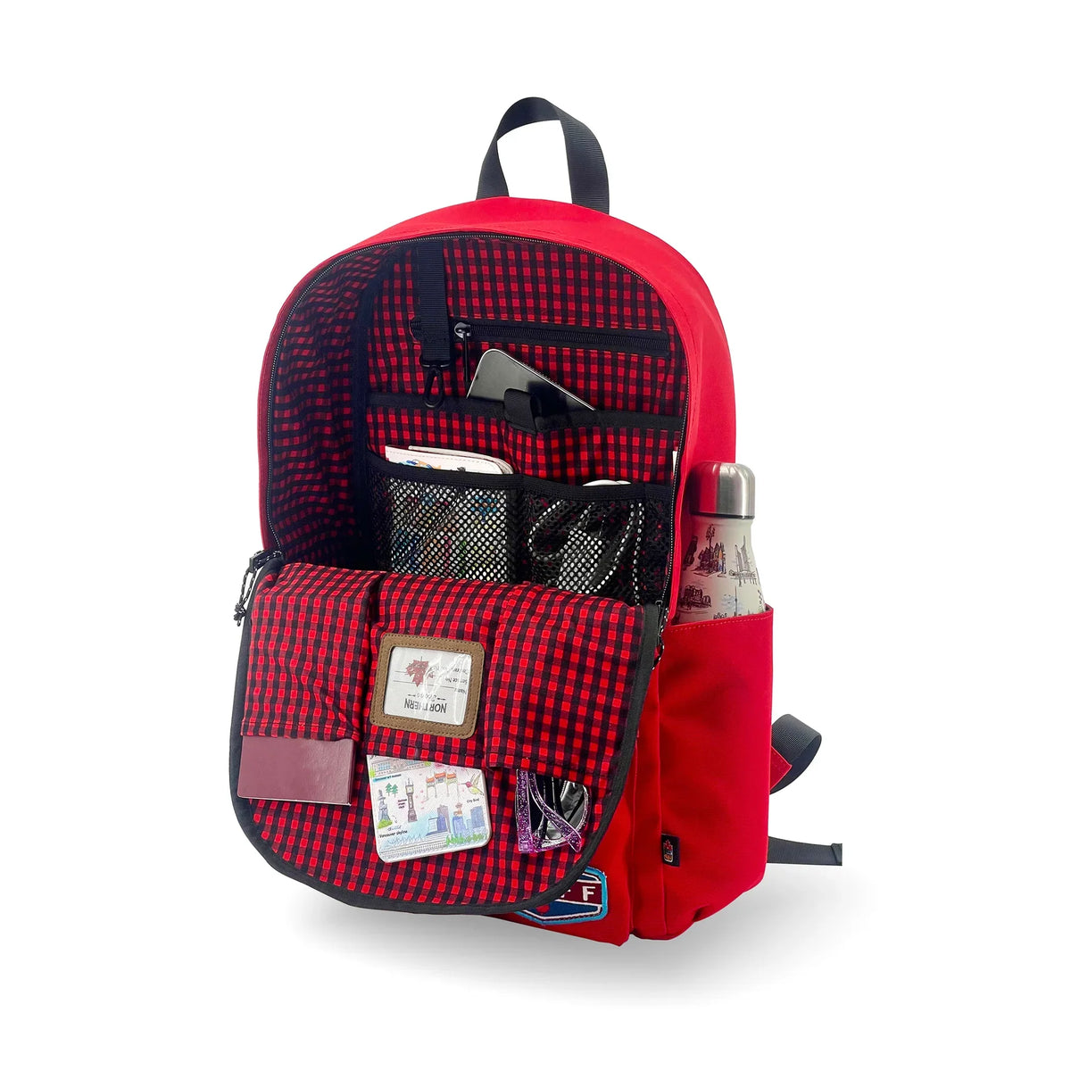 Open the Northern Icons Canada Classic Backpack to reveal checked lining and organized storage for essentials.