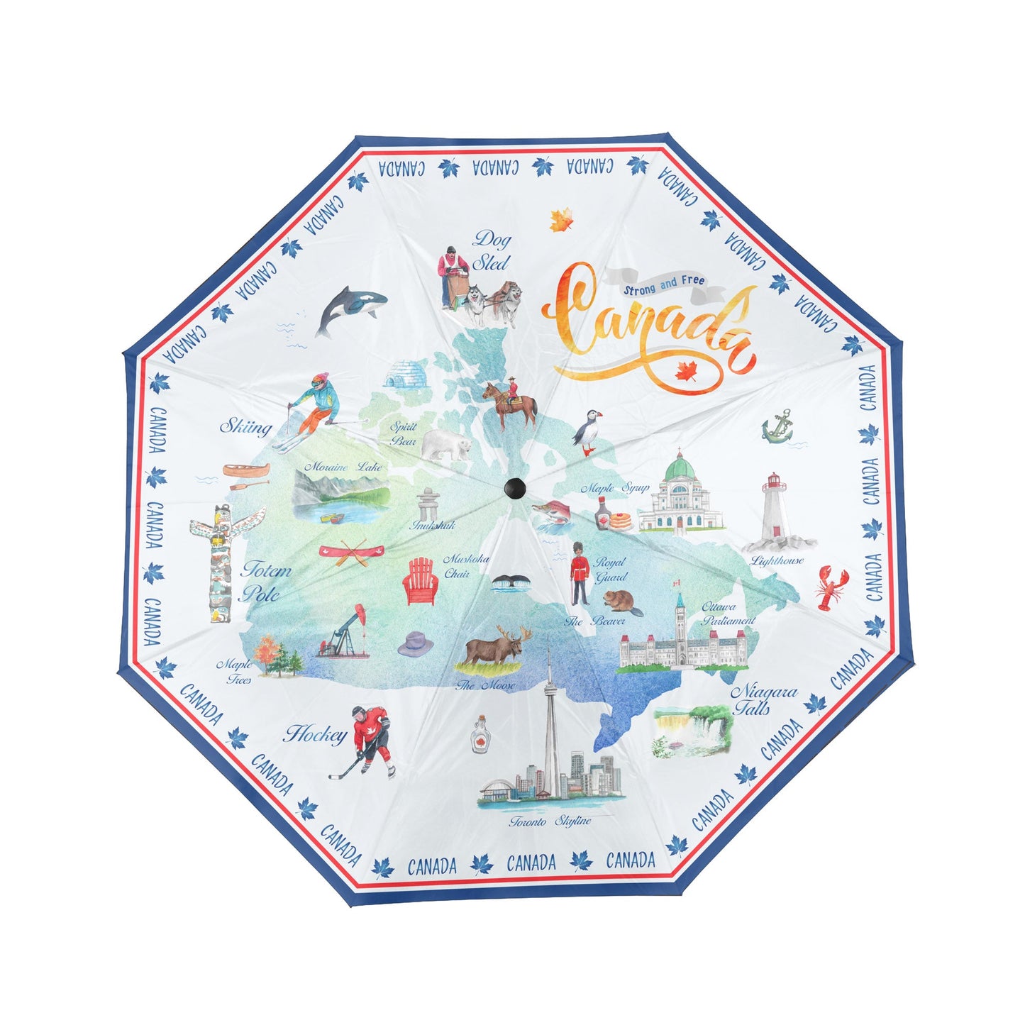 Northern Icons Canada National Landmark Map Folding Umbrella - open view.