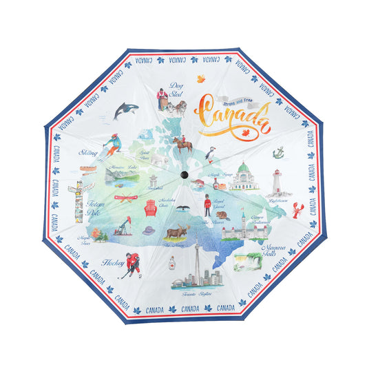 Product Image – Northern Icons Canada National Landmark Map Folding Umbrella - open view.