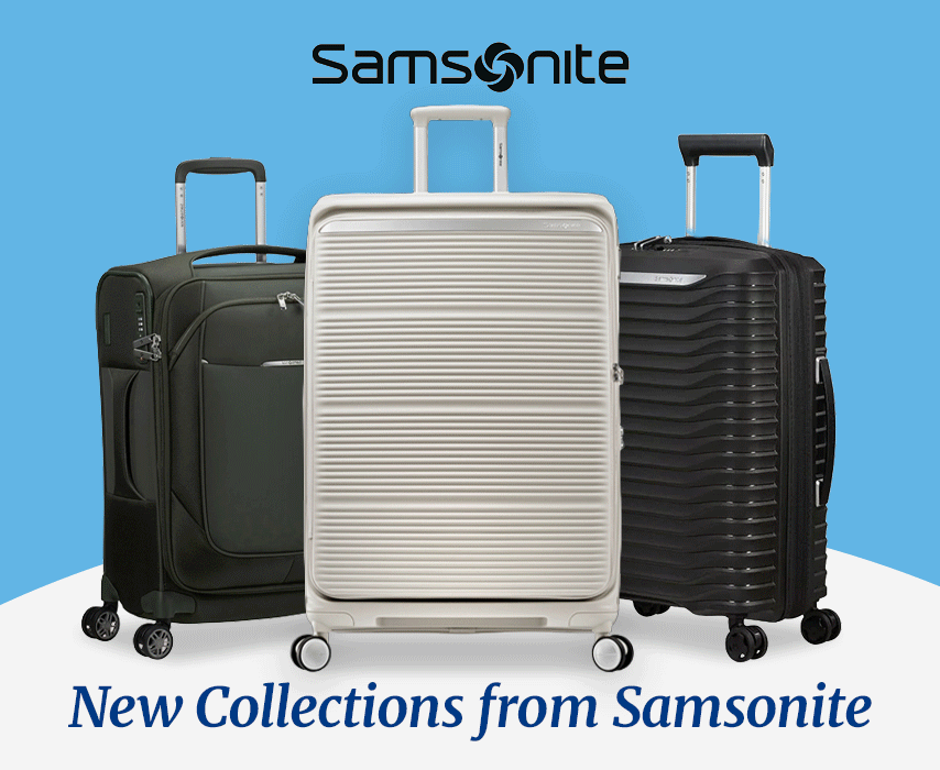Gif of two hard shell and one soft shell samsonite luggage, New Collections from Samsonite. Quick-access front pocket, USB port on top, and Suspension wheels. 