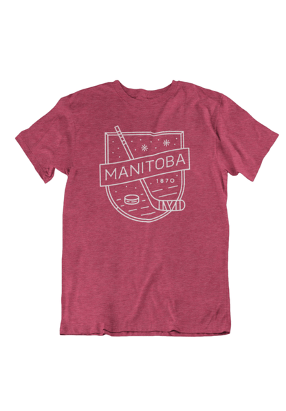 Heather Cardinal Red T-shirt from We Heart Winnipeg, showcasing a white graphic design that includes "Manitoba 1870" along with a hockey stick and puck illustration—a must-have for any puck lover's wardrobe. Product Name: We Heart Winnipeg MB Hockey T-Shirt.