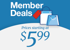 Member Deals - Prices starting at $5.99 blue and white background with CAA shopping bags and gif on the red price tag. 