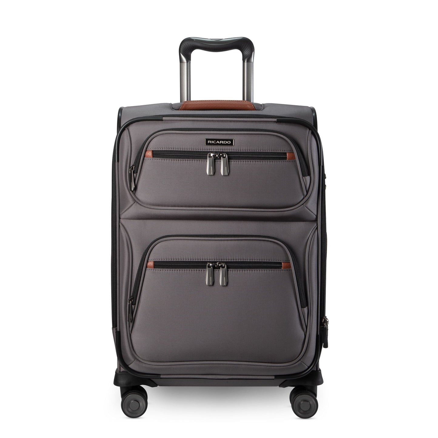 Ricardo Beverly Hills Montecito 3.0 Softside Carry-on Spinner with telescoping handle and two front zip pockets.