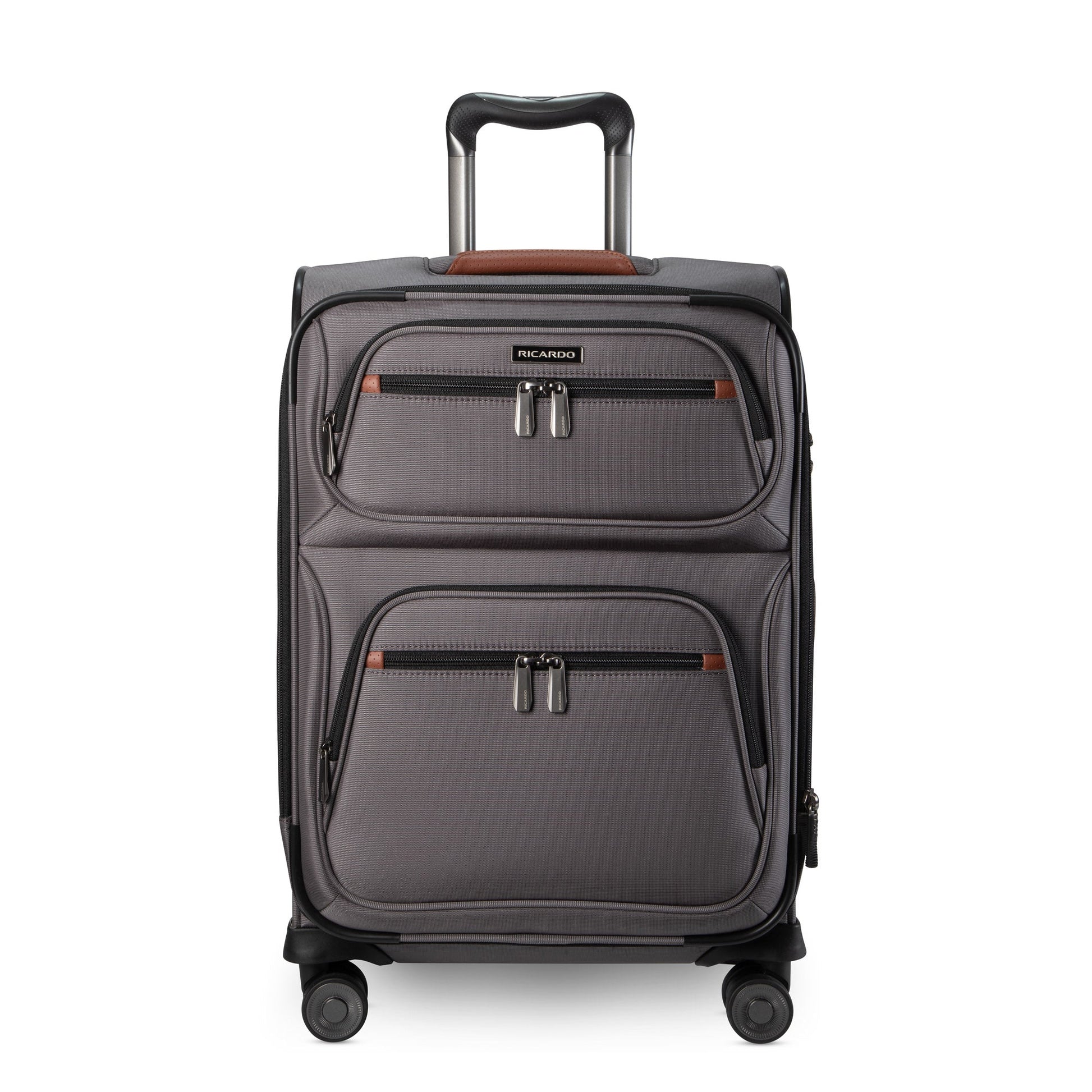 Ricardo Beverly Hills Montecito 3.0 Softside Carry-on Spinner with telescoping handle and two front zip pockets.