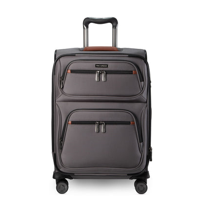 Ricardo Beverly Hills Montecito 3.0 Softside Carry-on Spinner with telescoping handle and two front zip pockets.