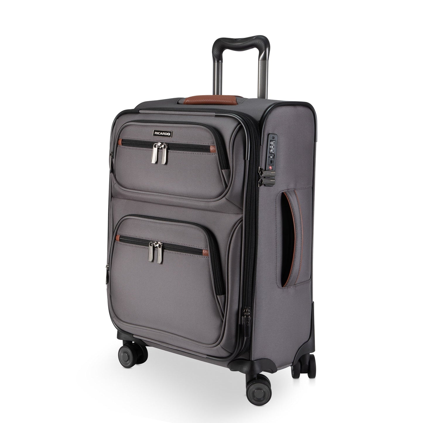 The Ricardo Beverly Hills Montecito 3.0 Carry-on Spinner is gray with 2 zip pockets and a long telescopic handle.