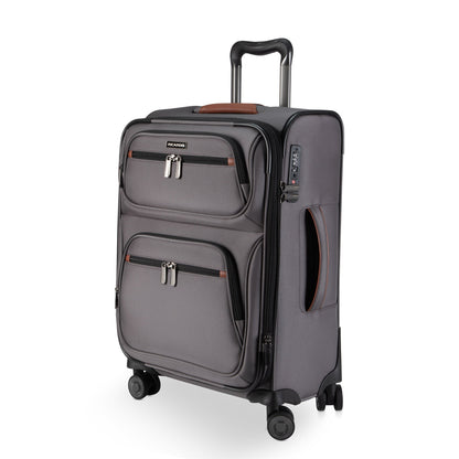 The Ricardo Beverly Hills Montecito 3.0 Carry-on Spinner is gray with 2 zip pockets and a long telescopic handle.