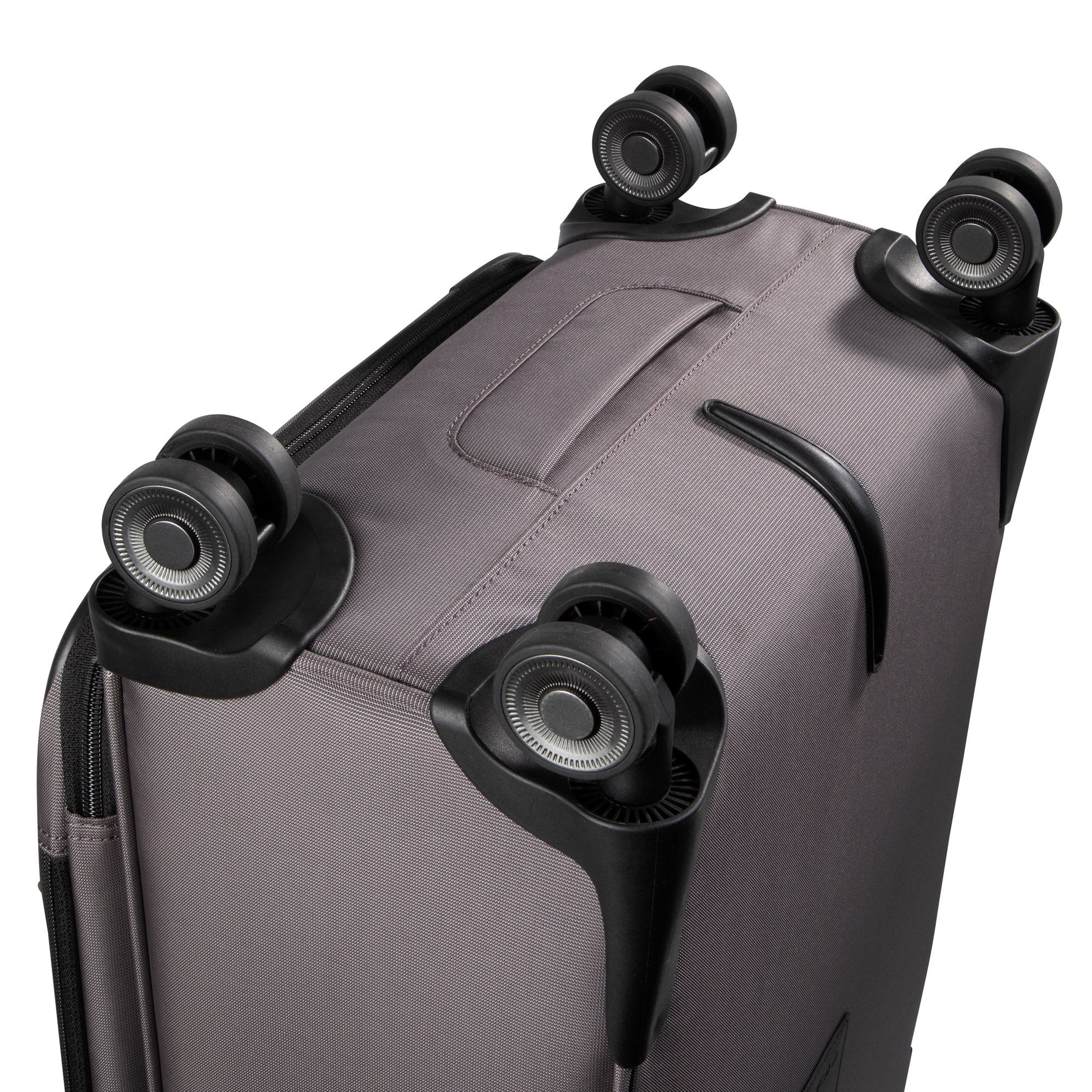 Close-up of Ricardo Beverly Hills Montecito 3.0 Softside Carry-on Spinner with four black wheels and handle.